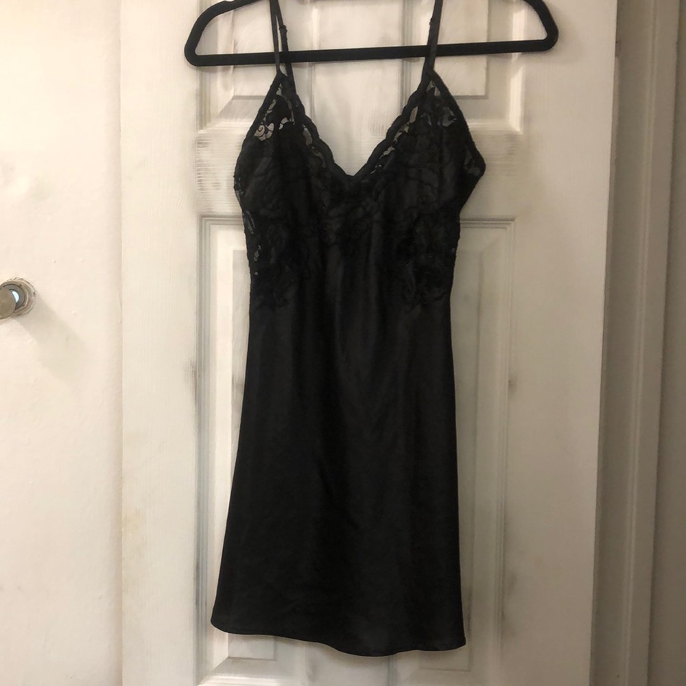 Black mini lace top silk slip dress